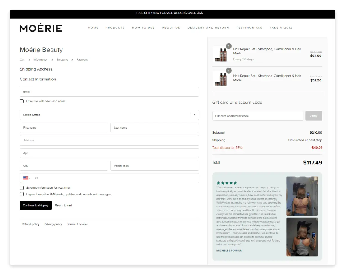 Moerie checkout page